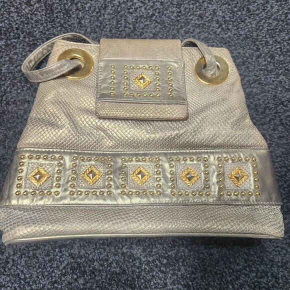 Bags by Pinky Vintage Metallic Silver Leather Shoulder Gold Studs Grommets USA - Picture 15 of 16